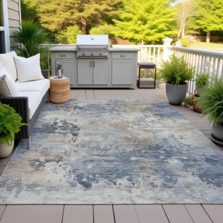 8' X 10' Denim Blue Beige And Charcoal Abstract Washable Indoor Outdoor Area Rug