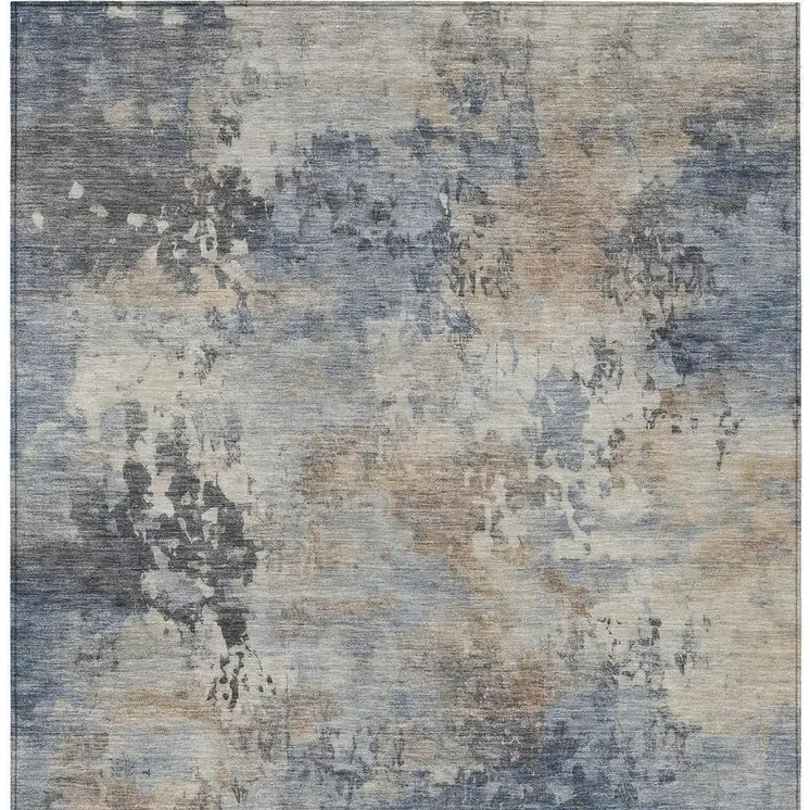 8' X 10' Denim Blue Beige And Charcoal Abstract Washable Indoor Outdoor Area Rug