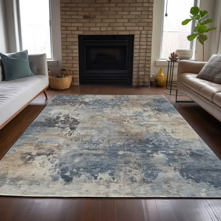 8' X 10' Denim Blue Beige And Charcoal Abstract Washable Indoor Outdoor Area Rug