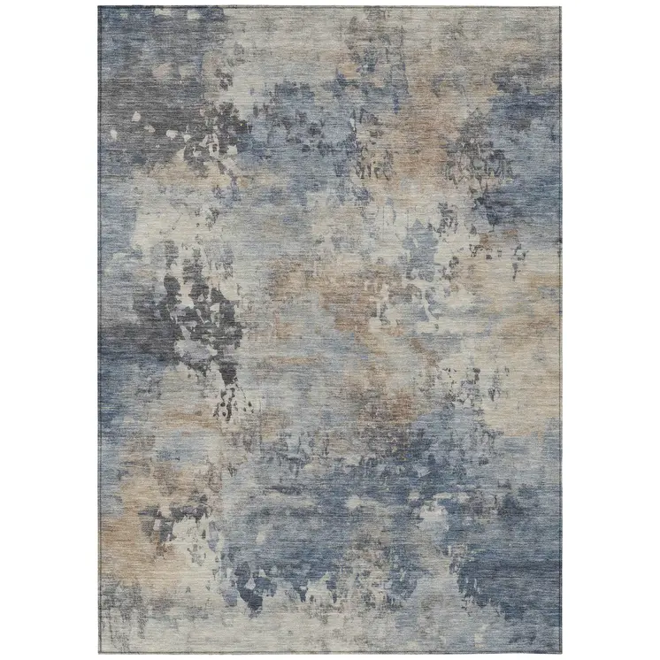 9' X 12' Denim Blue Beige And Charcoal Abstract Washable Indoor Outdoor Area Rug