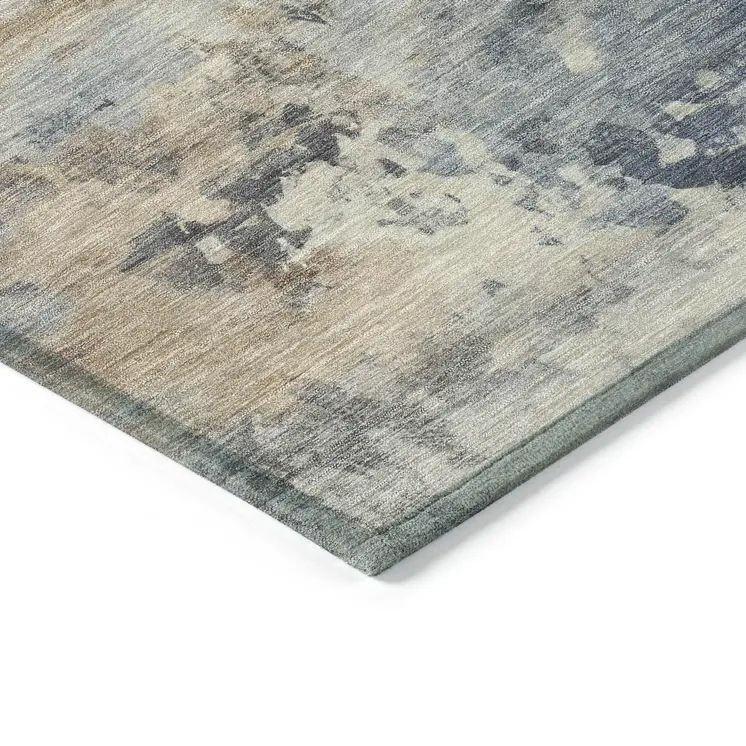 9' X 12' Denim Blue Beige And Charcoal Abstract Washable Indoor Outdoor Area Rug