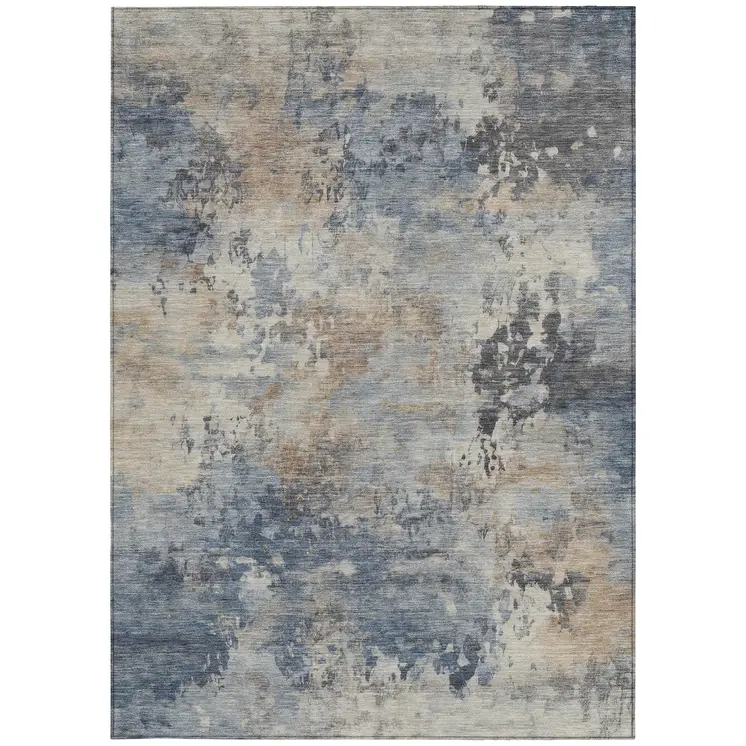 10' X 14' Denim Blue Beige And Charcoal Abstract Washable Indoor Outdoor Area Rug