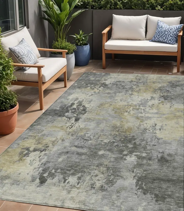 5' X 8' Pewter Charcoal And Gold Abstract Washable Indoor Outdoor Area Rug