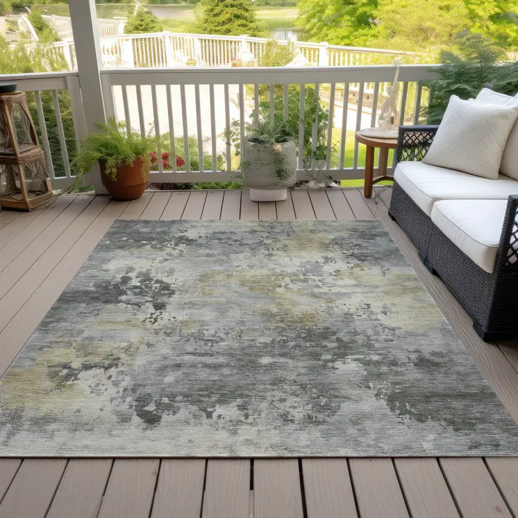 5' X 8' Pewter Charcoal And Gold Abstract Washable Indoor Outdoor Area Rug