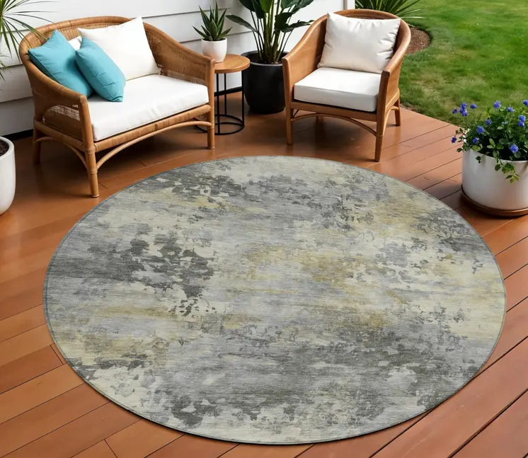 8' Pewter Charcoal And Gold Round Abstract Washable Indoor Outdoor Area Rug