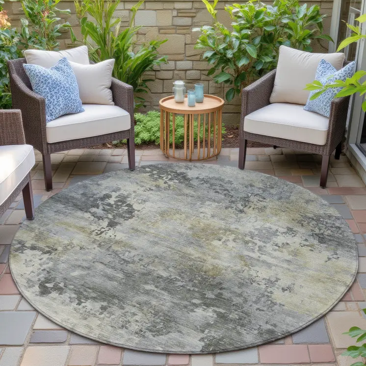 8' Pewter Charcoal And Gold Round Abstract Washable Indoor Outdoor Area Rug