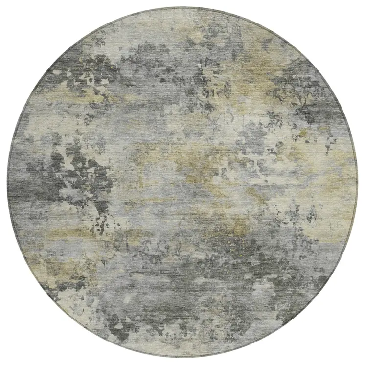 8' Pewter Charcoal And Gold Round Abstract Washable Indoor Outdoor Area Rug