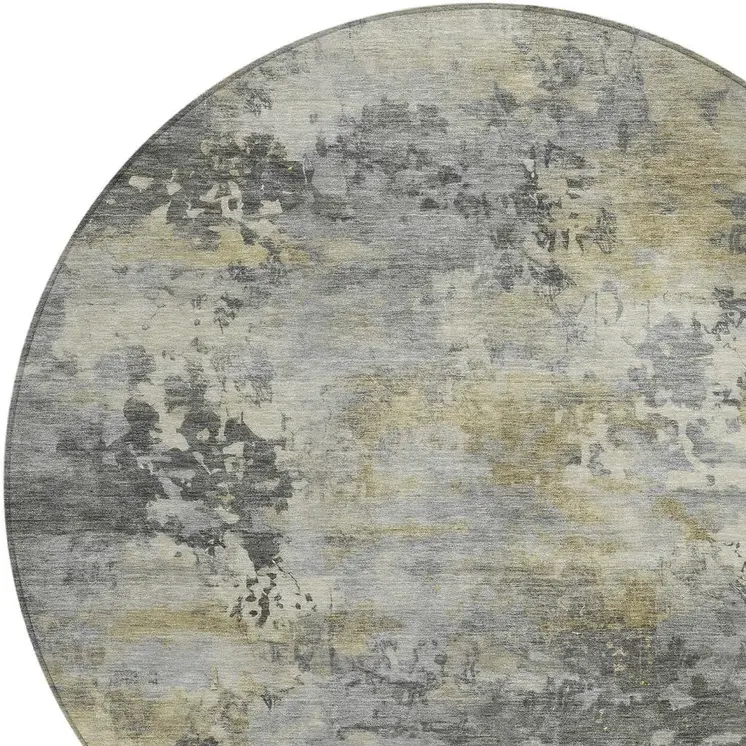 8' Pewter Charcoal And Gold Round Abstract Washable Indoor Outdoor Area Rug