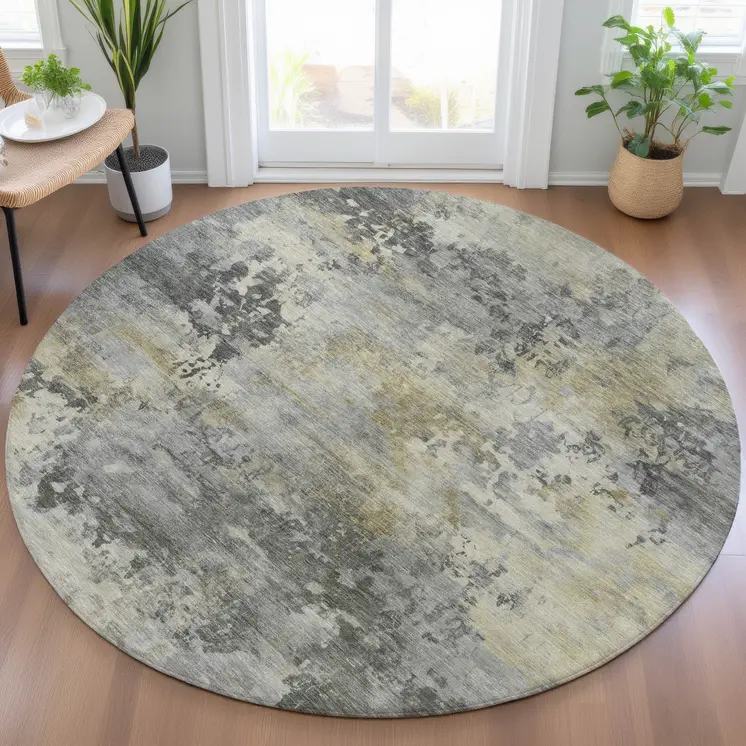 8' Pewter Charcoal And Gold Round Abstract Washable Indoor Outdoor Area Rug