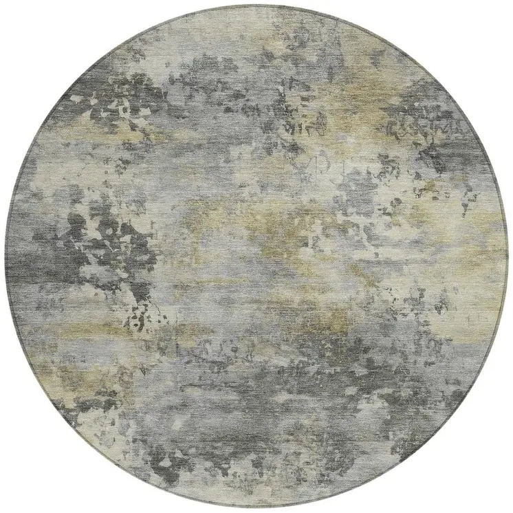 8' Pewter Charcoal And Gold Round Abstract Washable Indoor Outdoor Area Rug