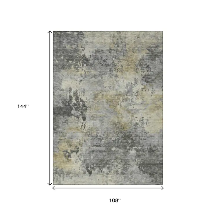 9' X 12' Pewter Charcoal And Gold Abstract Washable Indoor Outdoor Area Rug