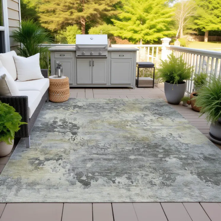 9' X 12' Pewter Charcoal And Gold Abstract Washable Indoor Outdoor Area Rug