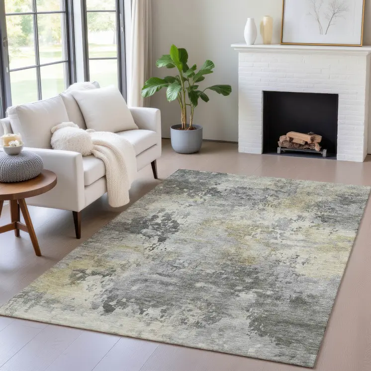 9' X 12' Pewter Charcoal And Gold Abstract Washable Indoor Outdoor Area Rug