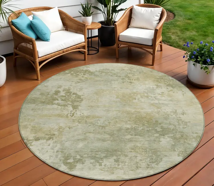 8' Sage And Beige Round Abstract Washable Indoor Outdoor Area Rug