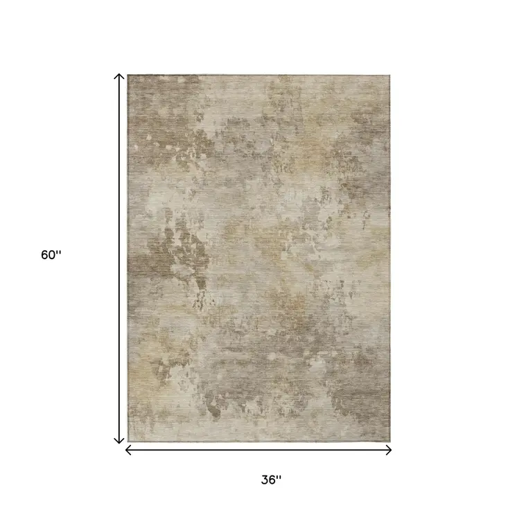 3' X 5' Tan And Beige Abstract Washable Indoor Outdoor Area Rug