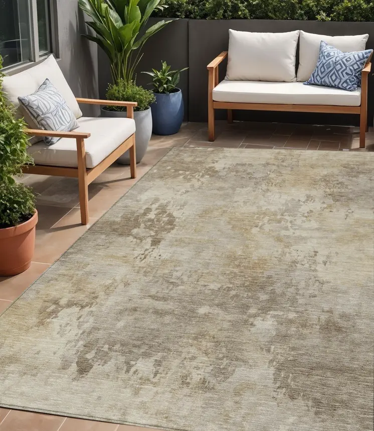 5' X 8' Tan And Beige Abstract Washable Indoor Outdoor Area Rug
