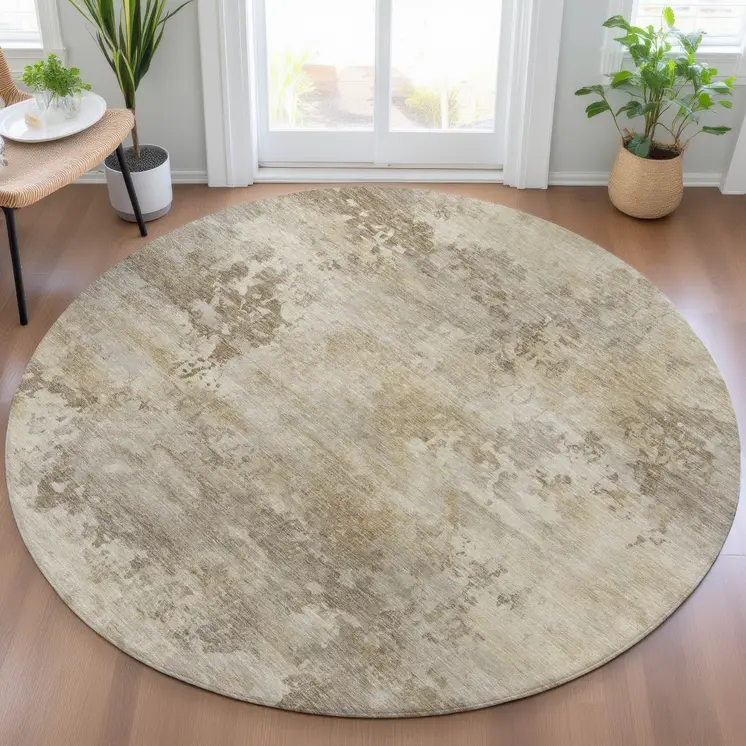 8' Tan And Beige Round Abstract Washable Indoor Outdoor Area Rug