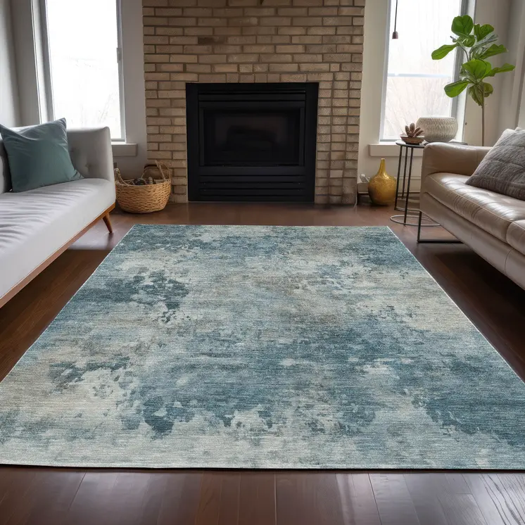 3' X 5' Teal Blue And Beige Abstract Washable Indoor Outdoor Area Rug