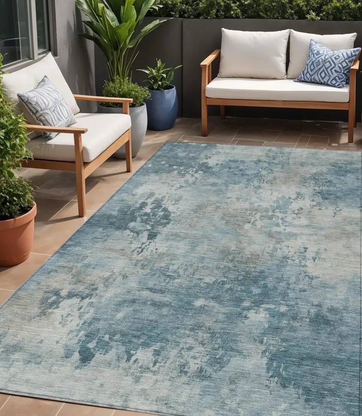5' X 8' Teal Blue And Beige Abstract Washable Indoor Outdoor Area Rug