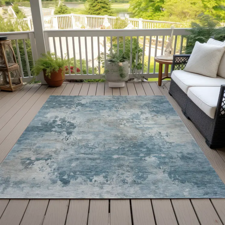 5' X 8' Teal Blue And Beige Abstract Washable Indoor Outdoor Area Rug