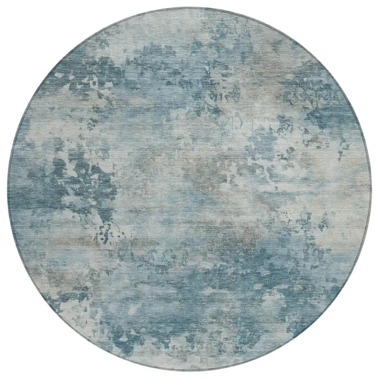 8' Teal Blue And Beige Round Abstract Washable Indoor Outdoor Area Rug