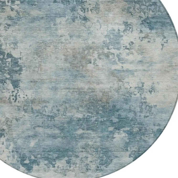 8' Teal Blue And Beige Round Abstract Washable Indoor Outdoor Area Rug