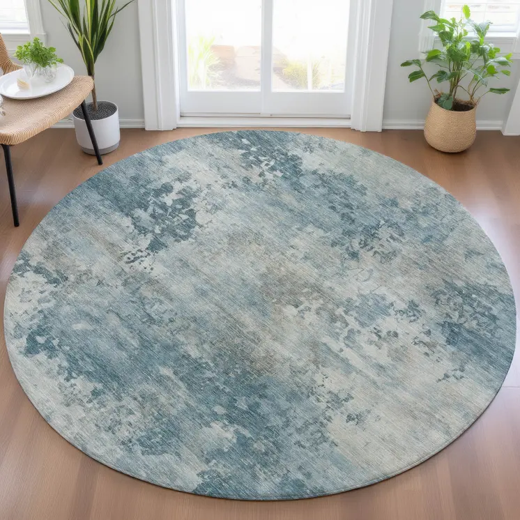 8' Teal Blue And Beige Round Abstract Washable Indoor Outdoor Area Rug