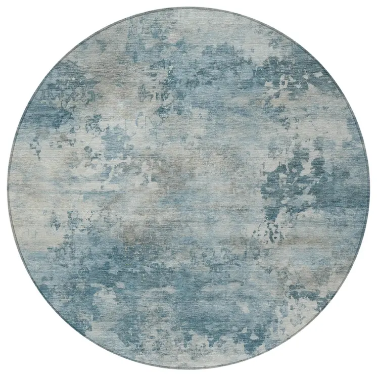 8' Teal Blue And Beige Round Abstract Washable Indoor Outdoor Area Rug