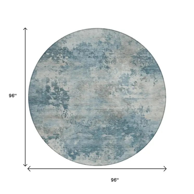 8' Teal Blue And Beige Round Abstract Washable Indoor Outdoor Area Rug
