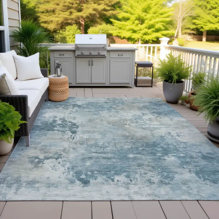 9' X 12' Teal Blue And Beige Abstract Washable Indoor Outdoor Area Rug