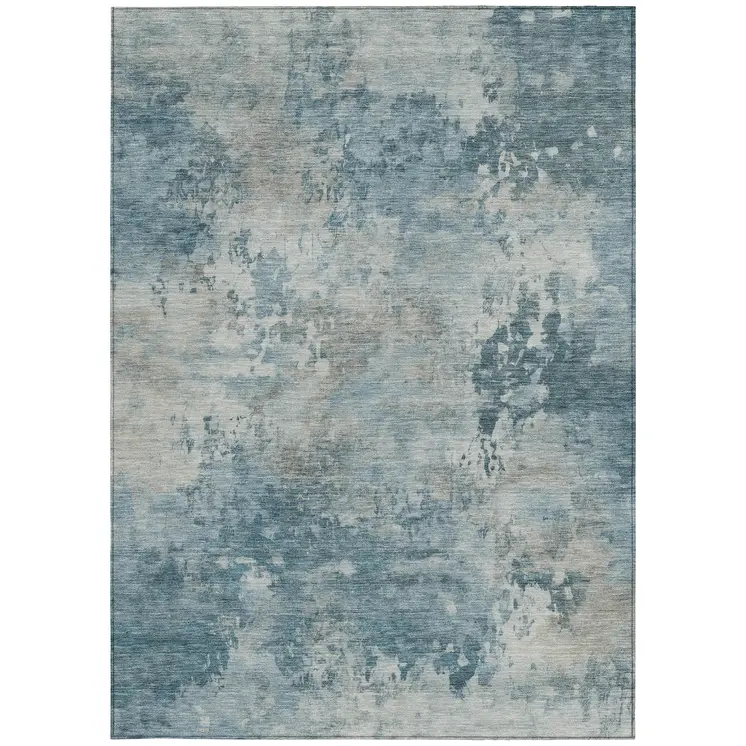 9' X 12' Teal Blue And Beige Abstract Washable Indoor Outdoor Area Rug