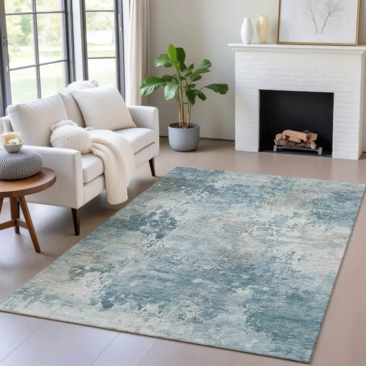 9' X 12' Teal Blue And Beige Abstract Washable Indoor Outdoor Area Rug