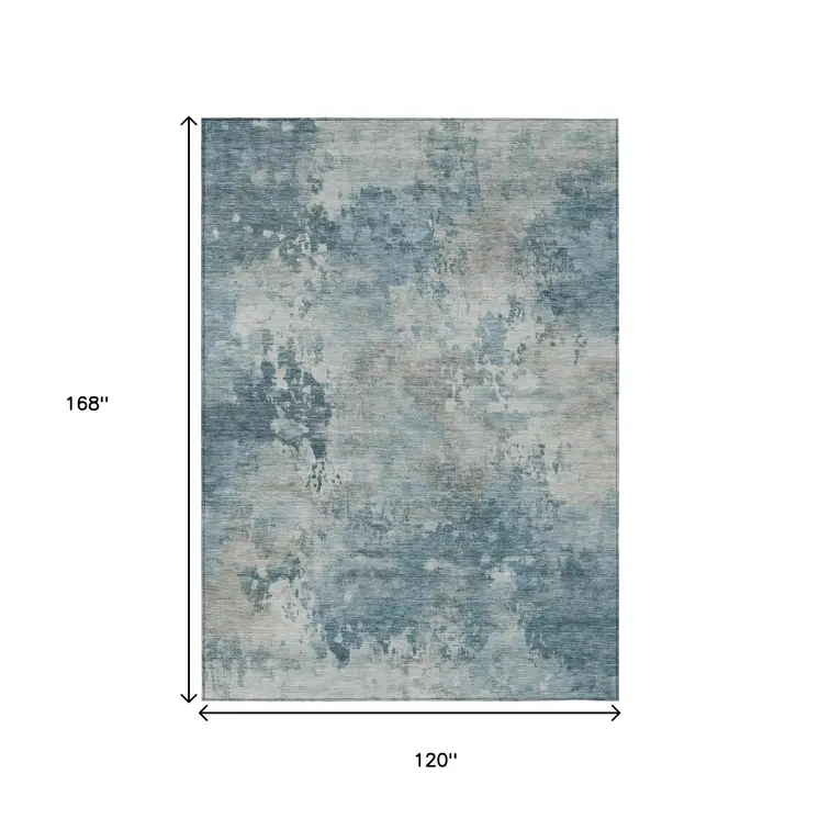 10' X 14' Teal Blue And Beige Abstract Washable Indoor Outdoor Area Rug