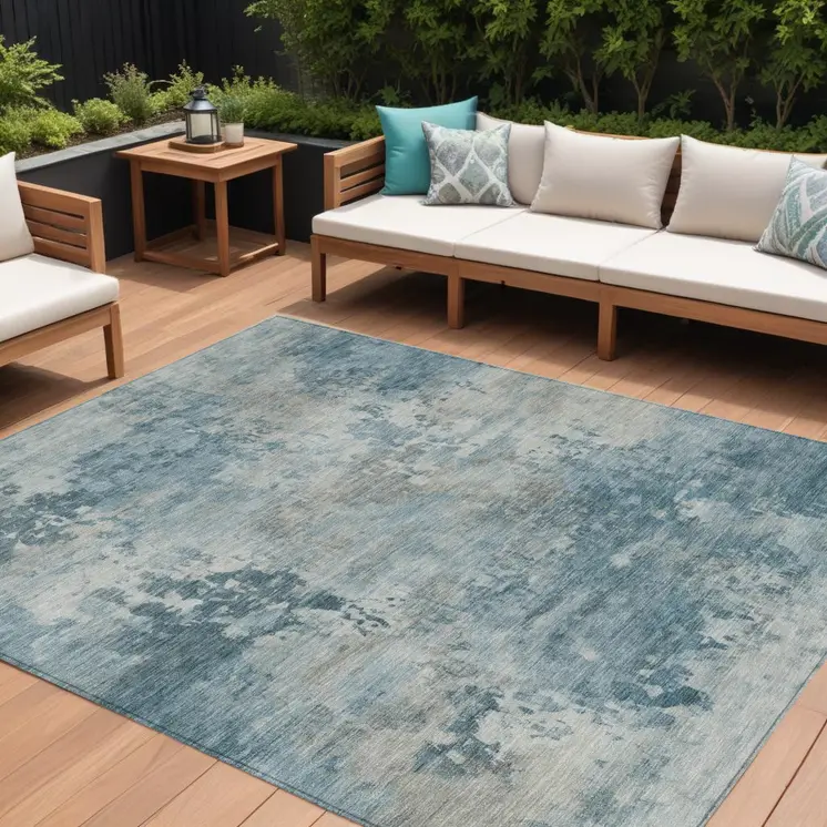 10' X 14' Teal Blue And Beige Abstract Washable Indoor Outdoor Area Rug