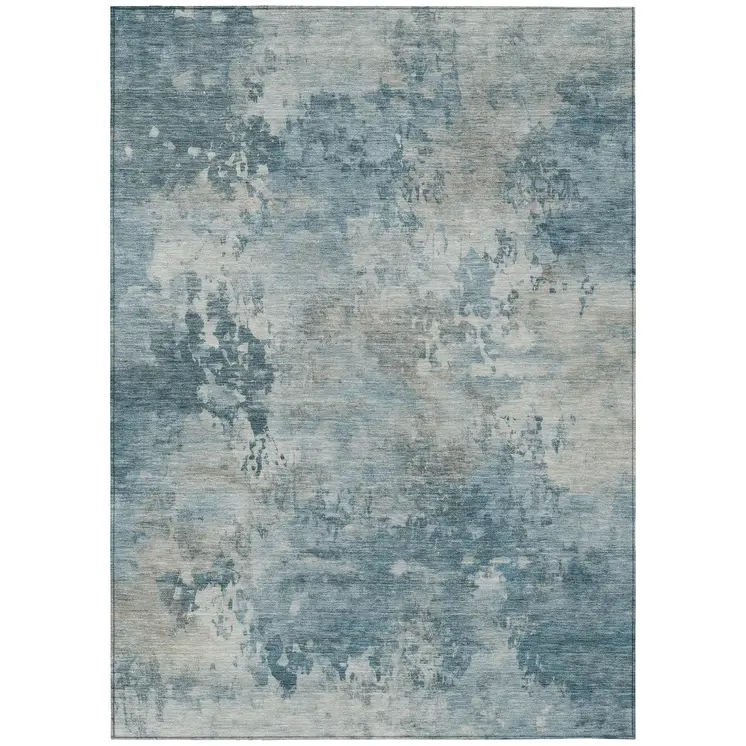 10' X 14' Teal Blue And Beige Abstract Washable Indoor Outdoor Area Rug