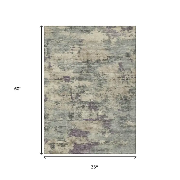 3' X 5' Sage Gray And Plum Abstract Washable Indoor Outdoor Area Rug