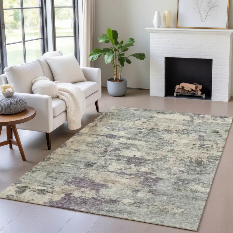 3' X 5' Sage Gray And Plum Abstract Washable Indoor Outdoor Area Rug