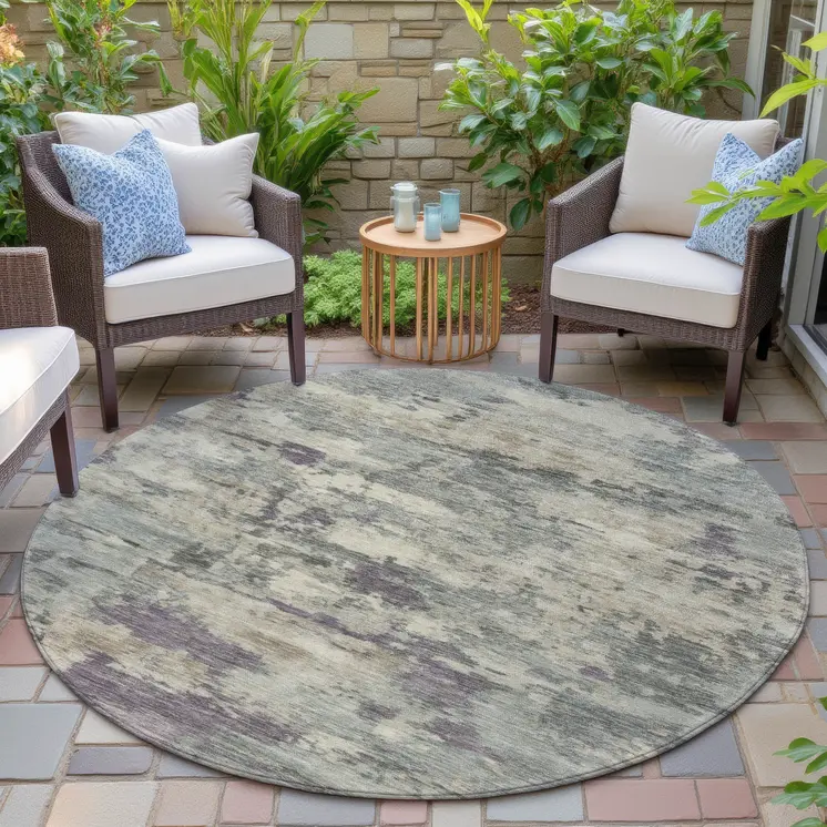 8' Sage Gray And Plum Round Abstract Washable Indoor Outdoor Area Rug