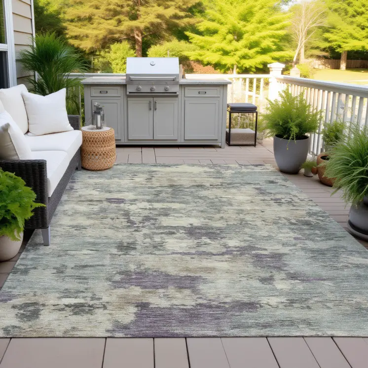 10' X 14' Sage Gray And Plum Abstract Washable Indoor Outdoor Area Rug