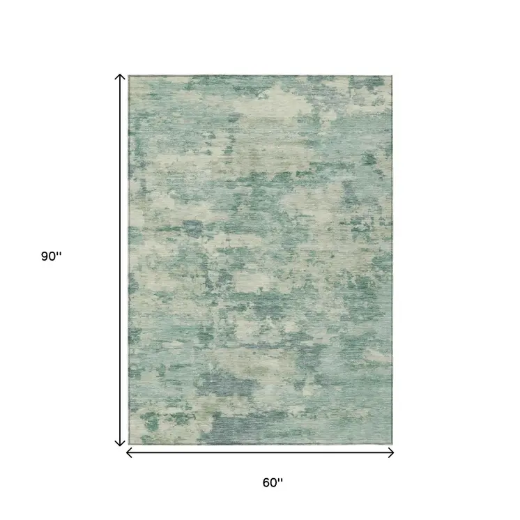 5' X 8' Teal Blue Linen And Pale Aqua Abstract Washable Indoor Outdoor Area Rug