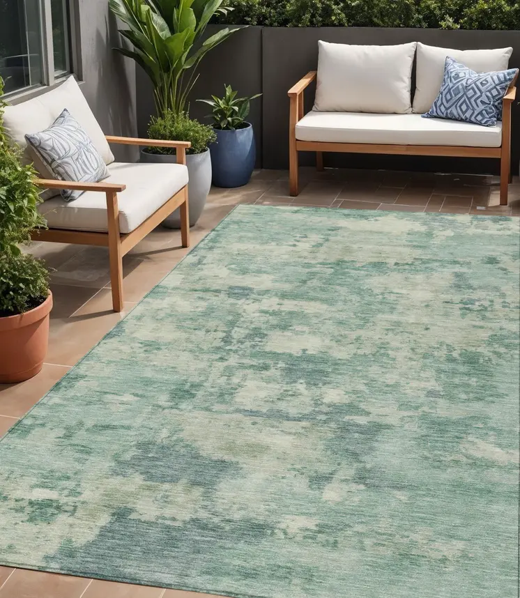 5' X 8' Teal Blue Linen And Pale Aqua Abstract Washable Indoor Outdoor Area Rug