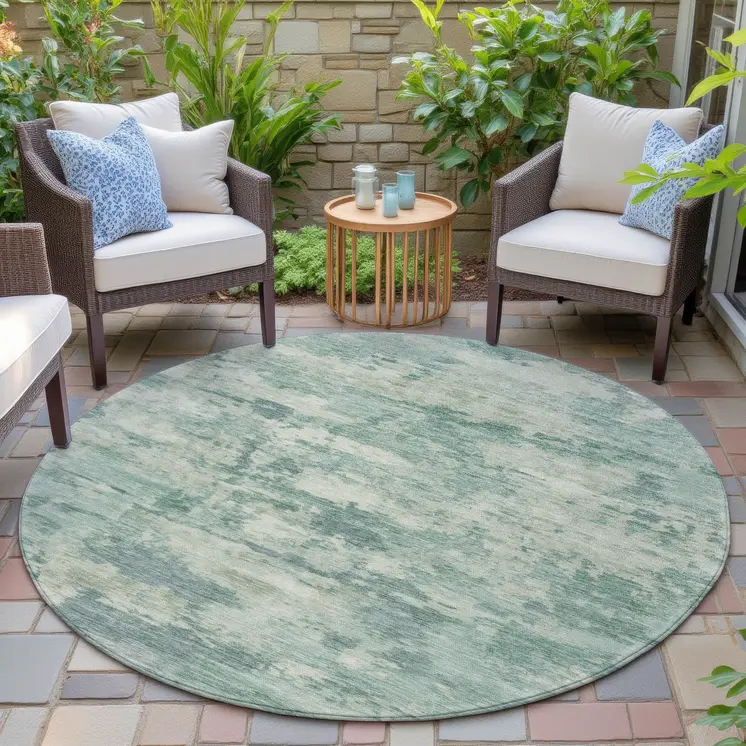 8' Teal Blue Linen And Pale Aqua Round Abstract Washable Indoor Outdoor Area Rug