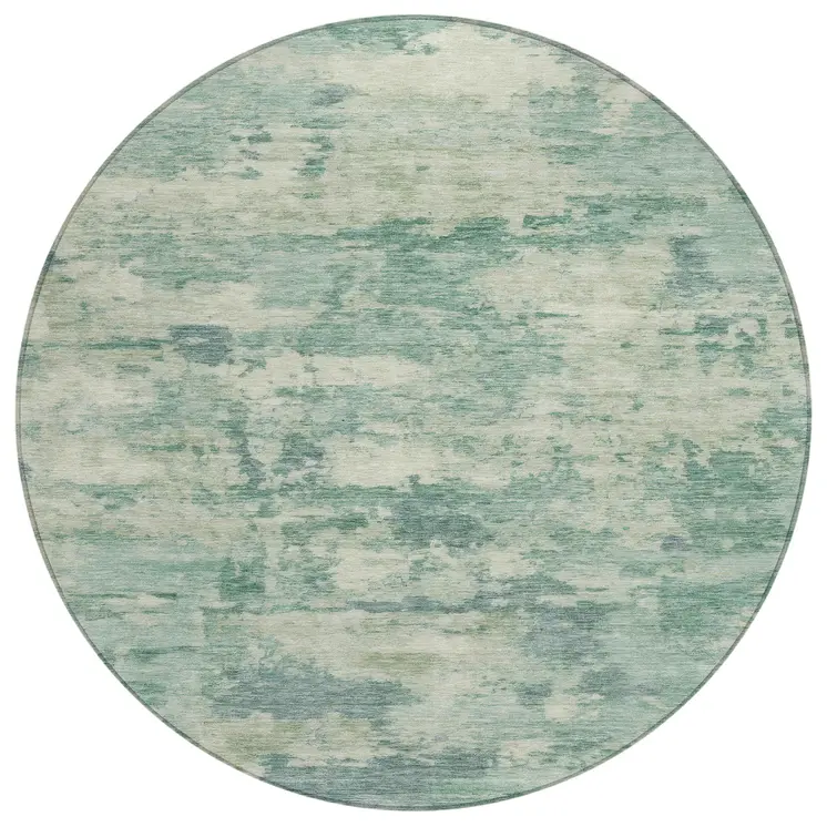 8' Teal Blue Linen And Pale Aqua Round Abstract Washable Indoor Outdoor Area Rug