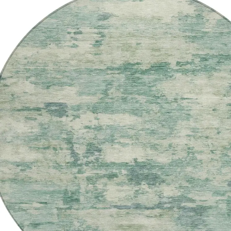 8' Teal Blue Linen And Pale Aqua Round Abstract Washable Indoor Outdoor Area Rug