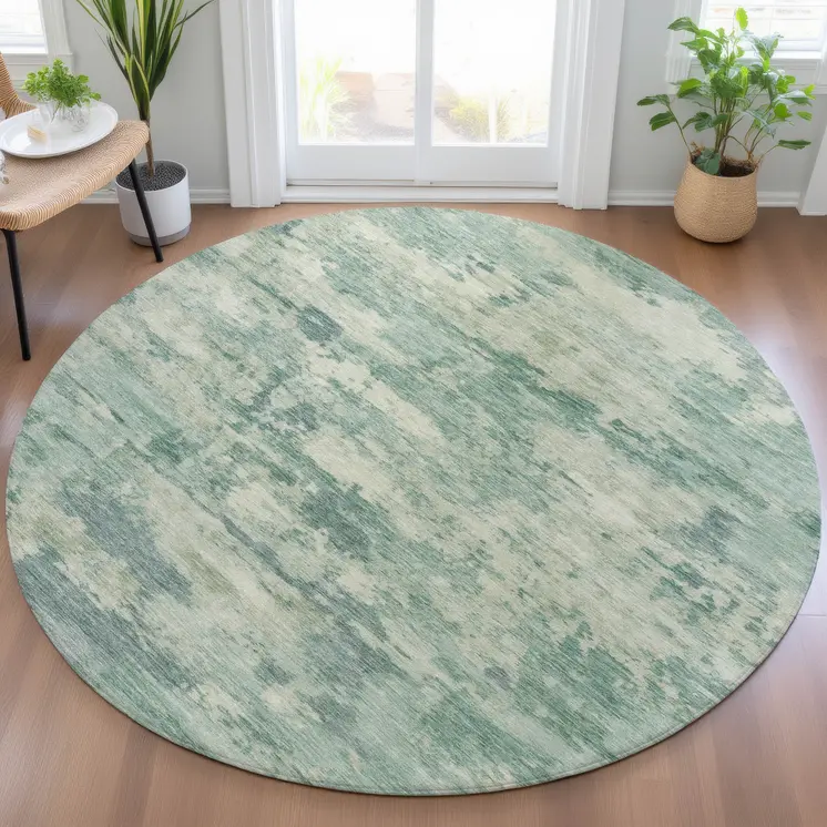 8' Teal Blue Linen And Pale Aqua Round Abstract Washable Indoor Outdoor Area Rug