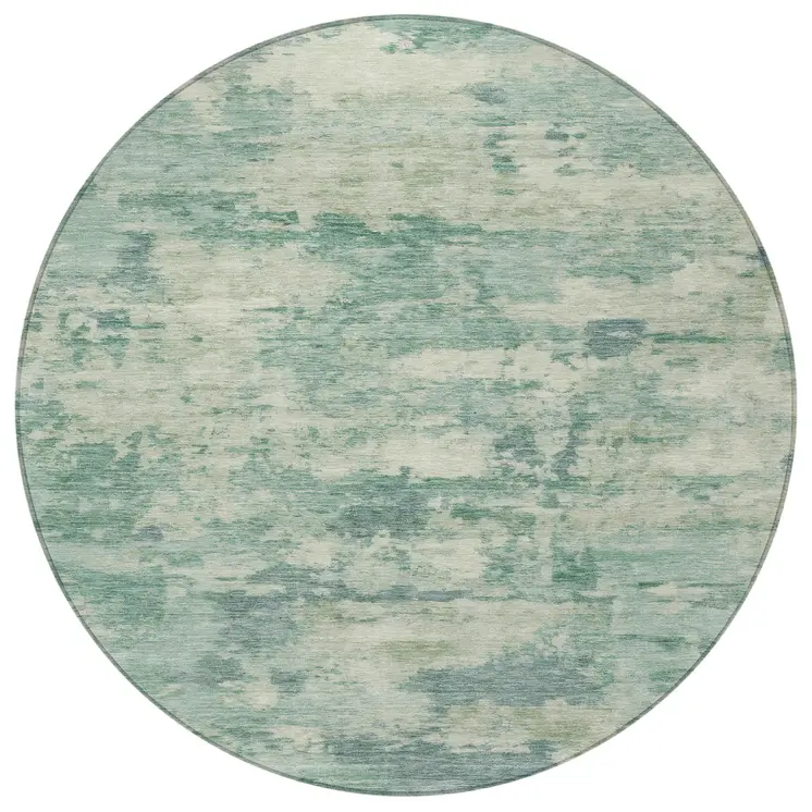 8' Teal Blue Linen And Pale Aqua Round Abstract Washable Indoor Outdoor Area Rug
