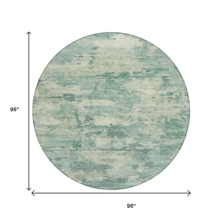 8' Teal Blue Linen And Pale Aqua Round Abstract Washable Indoor Outdoor Area Rug