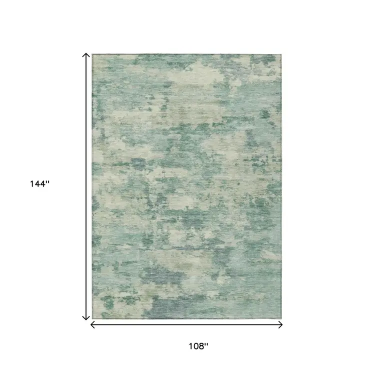 9' X 12' Teal Blue Linen And Pale Aqua Abstract Washable Indoor Outdoor Area Rug