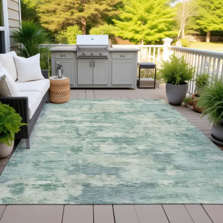 10' X 14' Teal Blue Linen And Pale Aqua Abstract Washable Indoor Outdoor Area Rug
