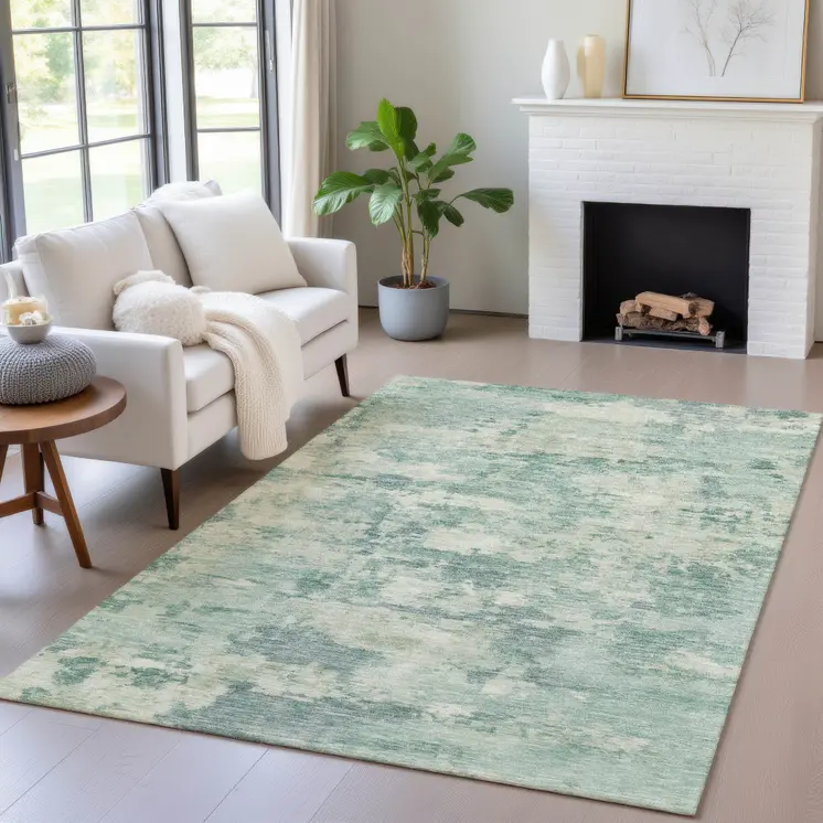10' X 14' Teal Blue Linen And Pale Aqua Abstract Washable Indoor Outdoor Area Rug